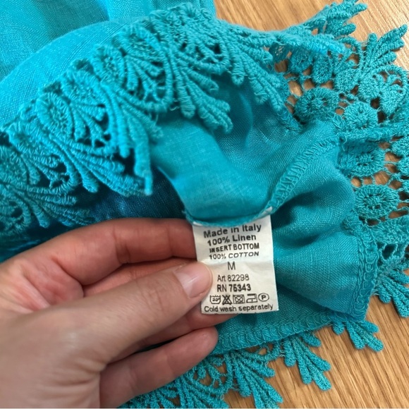 100% linen Italian made size medium turquoise short sleeve scallop lace blouse - Picture 3 of 7